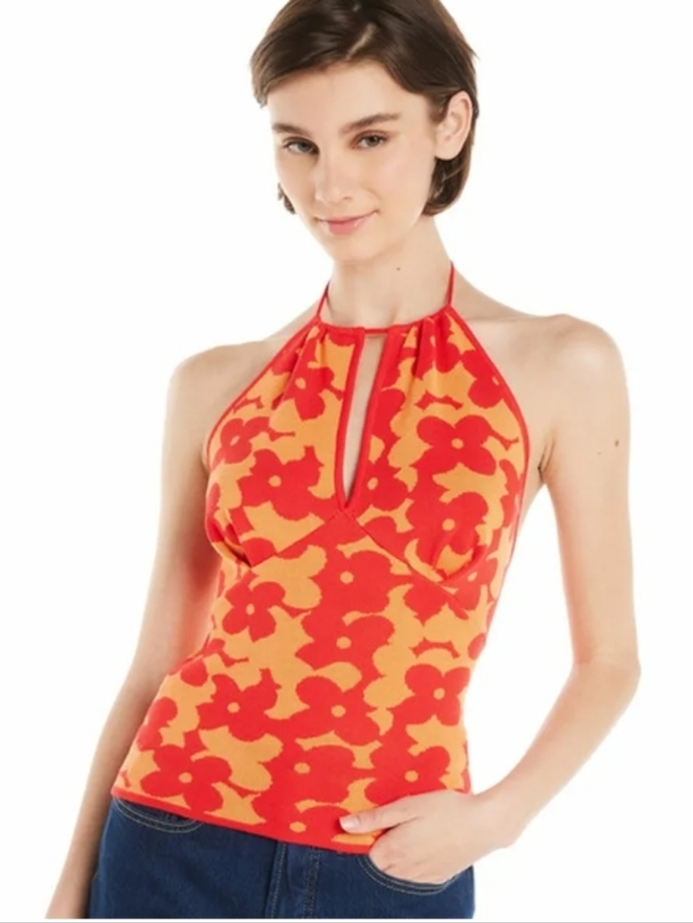 Madden Girl Y2K Style Orange & Red knitted Floral Halter Camisole